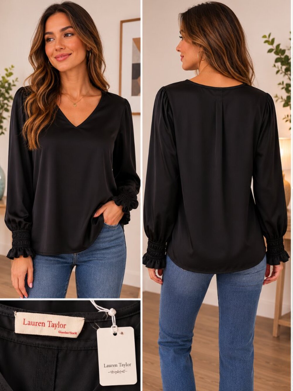 NWT Lauren Taylor Black Satin-Look Blouse Size Medium Elegant V-Neck Top
